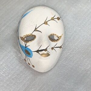 White Decorative Mini Mask Brooch with Blue & Gold Accents